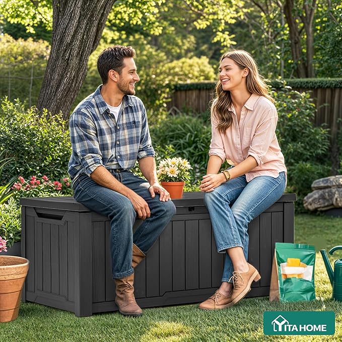 YITAHOME Outdoor Storage Box, 120 Gallon Waterproof Deck Box for Garden Tools, Patio Cushions, and Pool Accessories, Lockable, Easy Assembly, Versatile Bench or Table (Black)