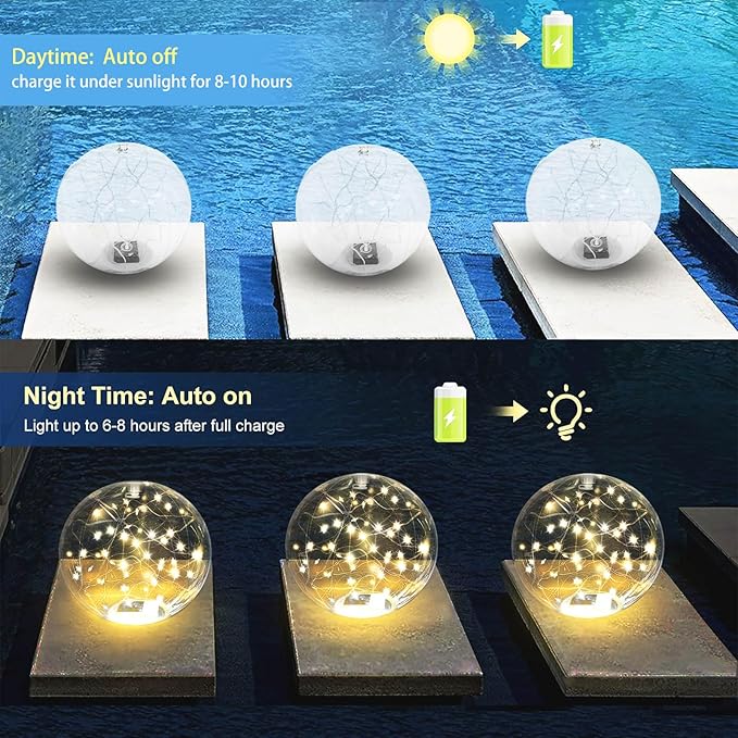 Solar Powered Floating Pool Lights - 14" Inflatable Waterproof Floating Light UP Pool Glow Balls, 3000K Warm-White Led Pool Lights That Float for Party Decorations, Outdoor Patio Detor (4)