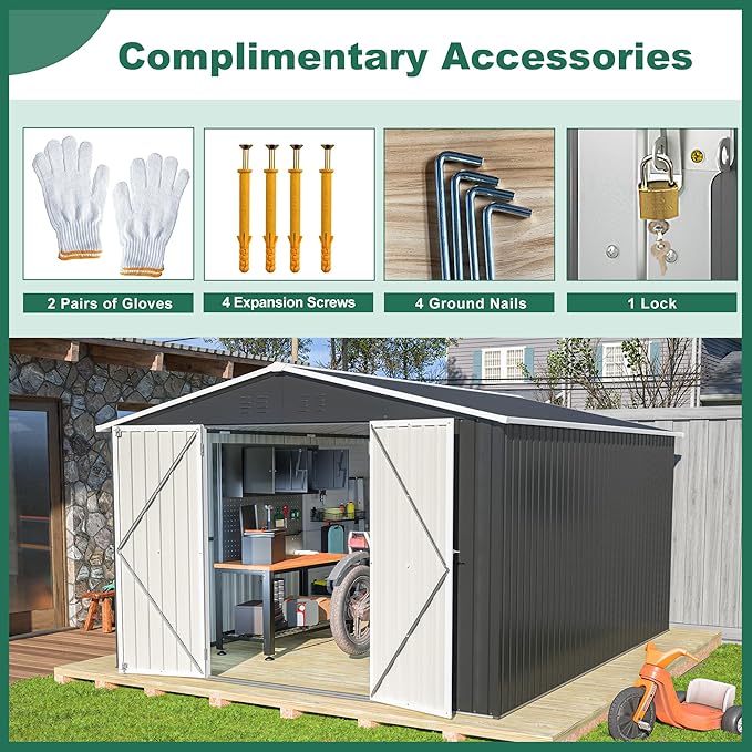 10x12 FT Outdoor Storage Shed, Large Metal Garden Shed with Lockable Hinged Doors, Outside Tool Shed with Sloped Roof & 4 Air Vents, Waterproof Storage Building for Backyard, Patio, Lawn, Black