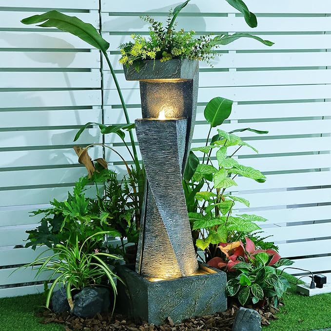 47.2" H Garden Fountains Outdoor Modern Water Fountain Indoor Floor Standing Large Waterfall with LED Lights and Pump for Patio Decor, Yard Decorations