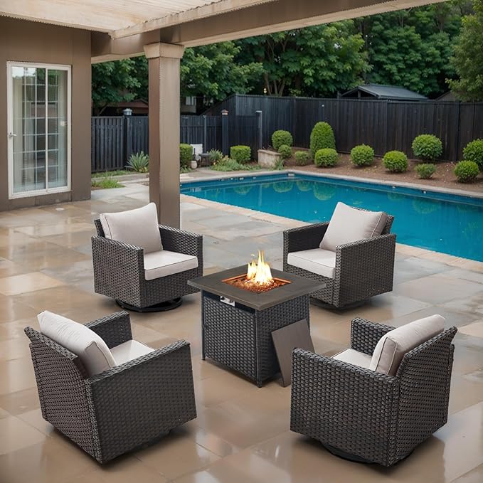 Outdoor Swivel Rocker Chairs Set of 4 with Fire Pit Table - 5 Peice Wicker Patio Furniture Set Conversation Set with 50,000 BTU Fire Pit for Deck Backyard - Brown Wicker Beige Cushion