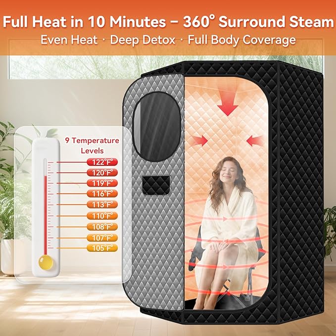 Portable Sauna for Home - Upgraded Personal Home Sauna Box with 3L 1300W Steamer, Big Folding Chair, 9 Levels Heat, Timer, Remote Control - Large Size Steam Room Saunas Tent for Relaxation & Spa Black