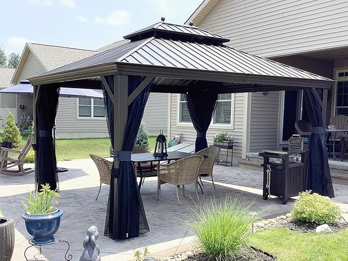 PURPLE LEAF Hardtop Gazebo 12' X 14' Metal Roof with Netting and Curtains Hard Top Backyard Patio Gazebos Permanent Canopy Deck Garden Hot Tub Outdoor Pavilion