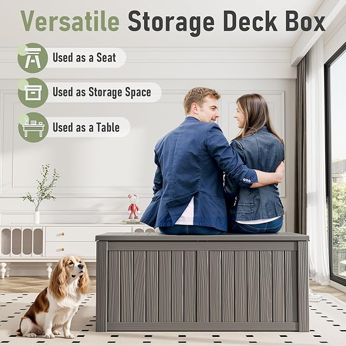 Outdoor Storage Box, Resin Deck Boxes Indoor and outdoor, Waterproof Storage Box Lockable Lid (Grey, 120 Gallon)