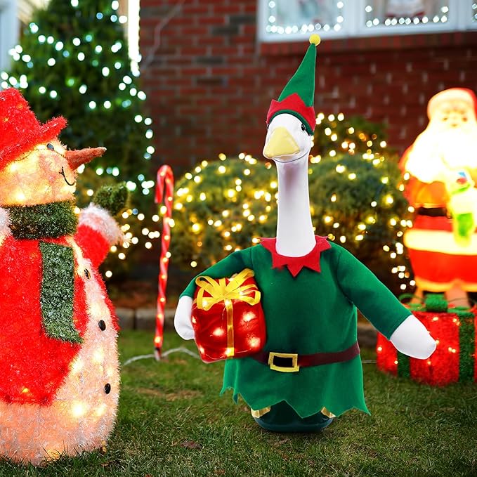 Christmas Toy Soldier Style Porch Goose Outfits,2 Pcs/Set Goose Clothes with Pointed Hat and Gift Box Fits 23" Lawn Goose Statue,Green Christmas Outdoor Goose Costume,Yard Patio Garden Xmas Decor