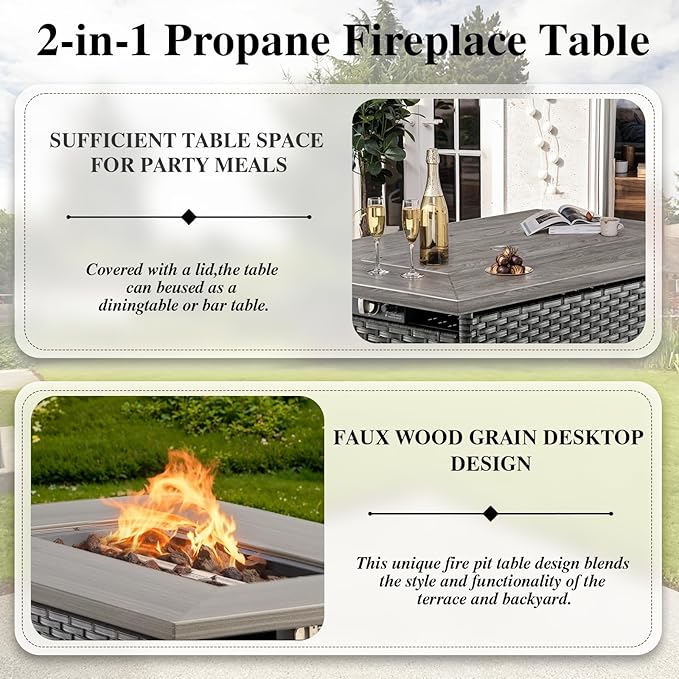 HUMMUH Patio Furniture Set with Fire Pit Table 5-Piece Wicker Outdoor Swivel Rocker Patio Chairs High Back Outdoor Couch Conversation Set for Porch, Backyard, Deck