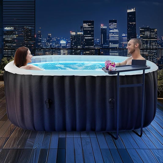 Inflatable Hot Tub with LED Lights, 2 Person Oval Portable Blow up Hot Tub Spa with Side Table, Leak-Proof PVC Outdoor Spa with 100 Air Jets, Heater Pump and Insulated Cover, 75” L X 47”W X 25”H