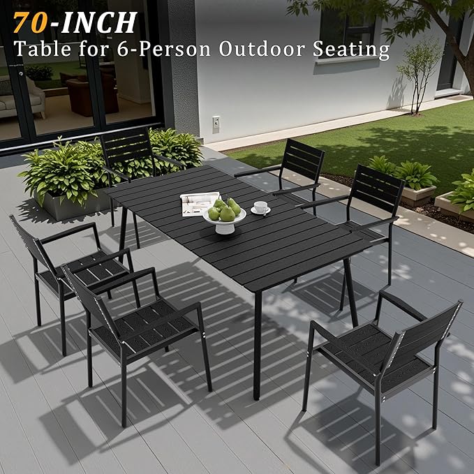 Outdoor Dining Table for 6, 70inch Patio Dining Table with Wooden-Like Top and Aluminum Frame, Rectangular Table with Umbrella Hole Outdoor Furniture, Only Table, Black
