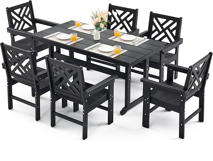 7 Piece HDPE Outdoor Dining Set for 6, Patio DHPE Furniture Set with Umberlla Hole, Weather Resistent Outdoor Table and Chairs for Garden, Poolside, Backyard, Deck, Black