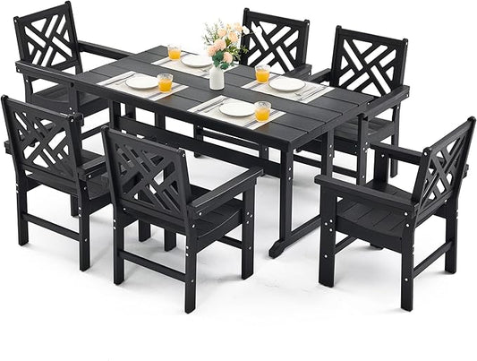 7 Piece HDPE Outdoor Dining Set for 6, Patio DHPE Furniture Set with Umberlla Hole, Weather Resistent Outdoor Table and Chairs for Garden, Poolside, Backyard, Deck, Black