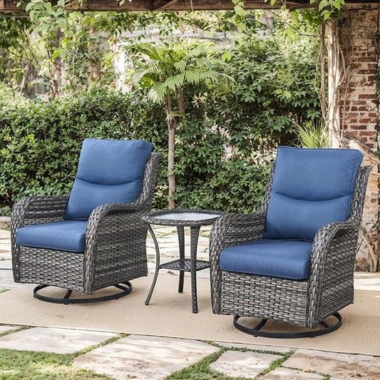 Patio Swivel Chairs with Smile-Shaped Cushions, 3 Piece High Back Patio Swivel Glider Chairs with Side Table 3PCS PE Rattan Luxury Swivel Patio Chair Set | Grey Wicker - Blue Cushions