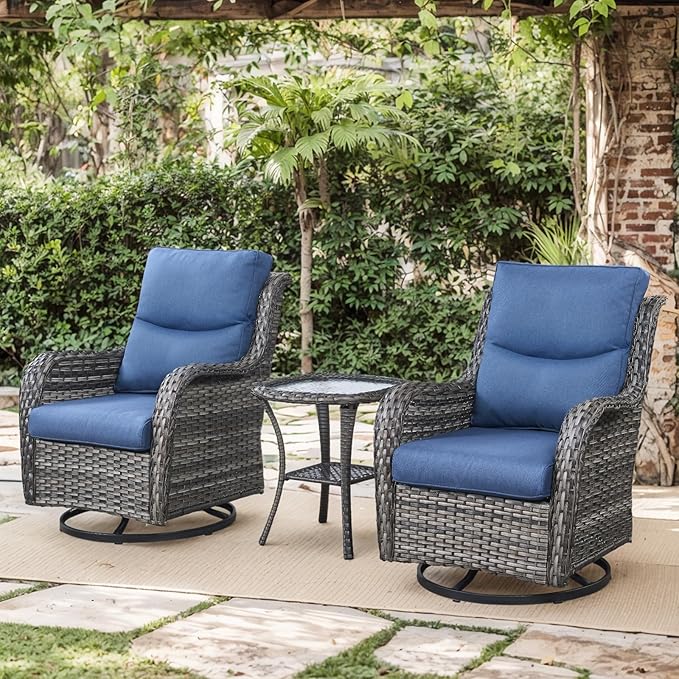 Patio Conversation Set with Smile-Shaped Cushions, Luxury Outdoor Swivel Chairs with Side Table and Ottomans, 5PCS PE Rattan Swivel Glider Chairs Set, Grey Wicker|Blue Cushions