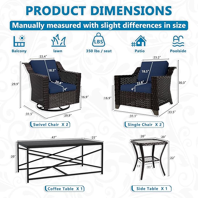 Vista Vibe 6 Pieces Outdoor Rattan Patio Conversation Furniture Set - 360 Degree Swivel Glider Rocker Chairs | Coffee Table | 2 Wicker Chairs, Washable Cushions, Terrace, Sunroom (Brown/Navy)