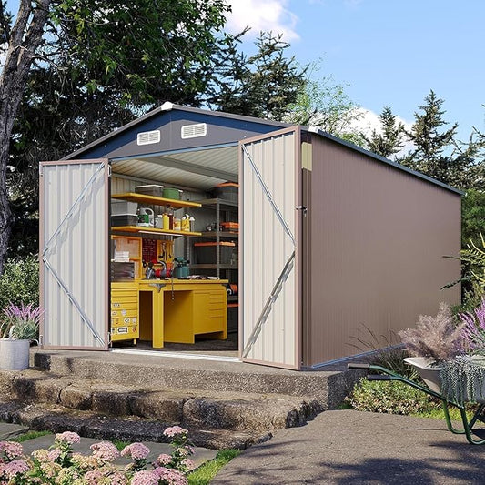 Aoxun 8x15FT Shed Outdoor Metal Storage Shed with Galvanized Steel, All Weather Garden Shed with Sloped Roof & Lockable Double-Hinged Door for Garden, Backyard, Patio (Brown)