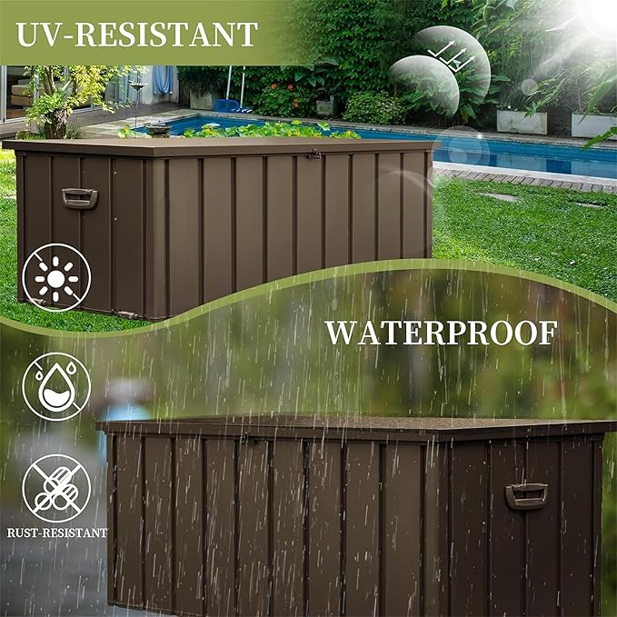 Metal Storage Box for Outdoor Dark Brown Lockable Water-Resistant Deck Box for Patio Garden Tools Organization Rust-Resistant Heavy-Duty Outside Storage Box (160 Gallon)
