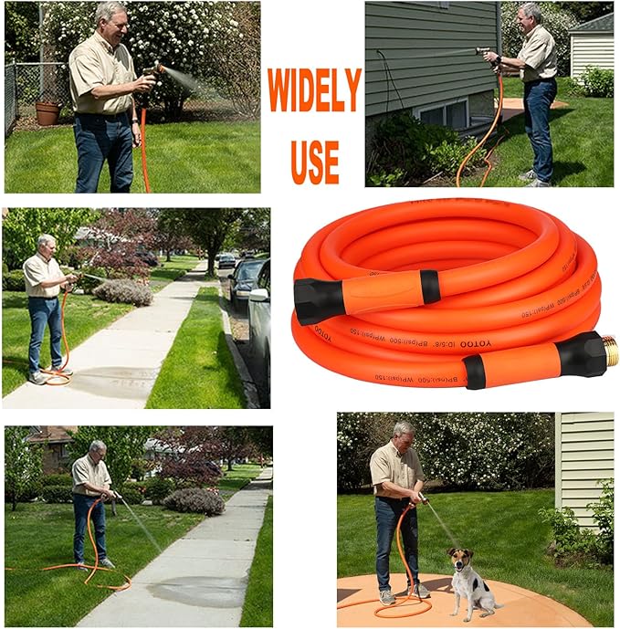 YOTOO Heavy Duty Hybrid Garden Water Hose 5/8-Inch by 25-Feet 150 PSI Kink Resistant, Flexible with Swivel Grip Handle and 3/4" GHT Solid Brass Fittings, Orange