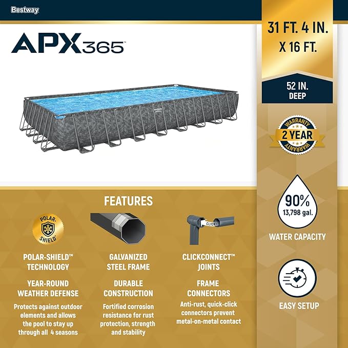 Bestway APX 365 Rectangular Swimming Pool Above Ground Outdoor Backyard Framed Pool Set with Sand Filter Pump, Ladder, and Cover, 31'4" x 16' x 52"