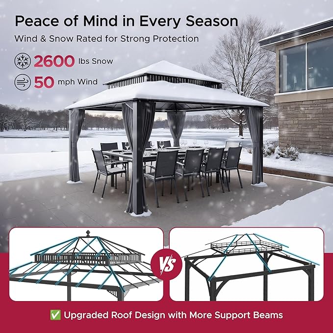 SUNJOY Kingston 14' x 12' Hardtop Gazebo with Galvanized Steel Double Roof, Curtain and Netting, Gray Aluminum Posts Permanent Pavilion Gazebo for Garden, Patio, Deck, Lawn