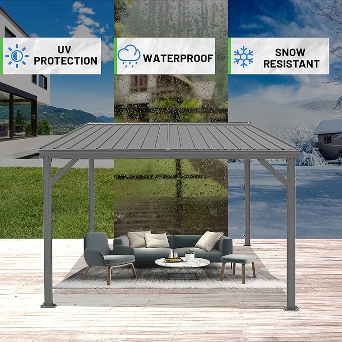 10x10FT Lean to Gazebo, Outdoor Hardtop Wall Mount Gazebo with Gutter & Sloping Galvanized Steel Roof, Metal Hard Top Awnings for Deck, Porch, Backyard