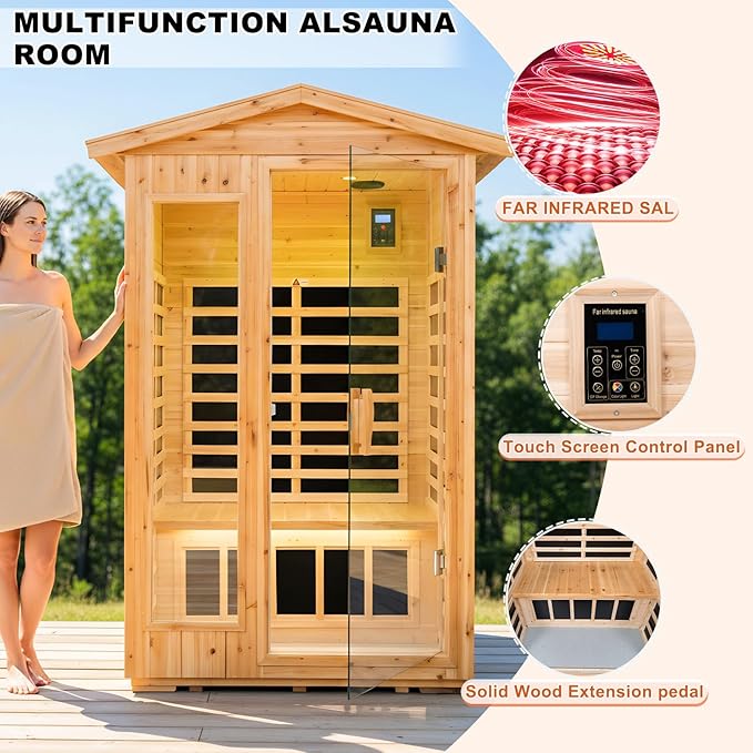 Far Infrared Sauna Room for 2 Persons Low EMF Home Indoor/Outdoor Saunas Canadian Premium Hemlock Wood-Sweating Detox-Colored Light Spectrum-LCD Display-Bluetooth