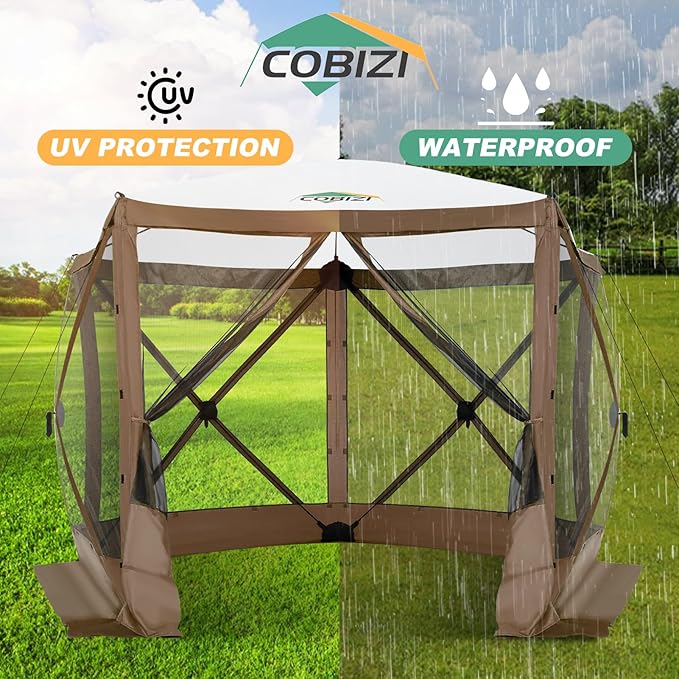 COBIZI 10x10ft Pop up Gazebo Screen House Tent for Camping, Pop-up Camping Canopy with Mesh Windows,Portable Outdoor Quick-Set Hub Tent with Carrying Bag&Ground Stakes,Brown(Upgraded 2.0)