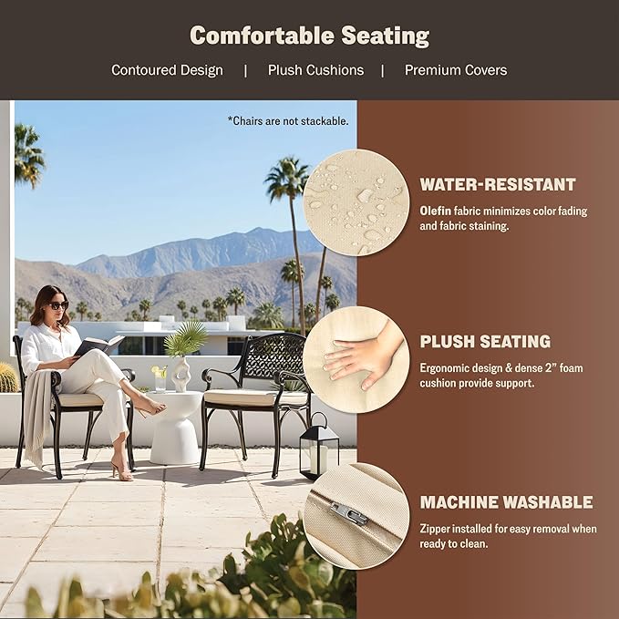 Kinger Home Harmon 2-Piece Cast Aluminum Outdoor Patio Chair, Patio Seating with Cushions, Chairs for Outside, Weather Resistant, Cushions Included