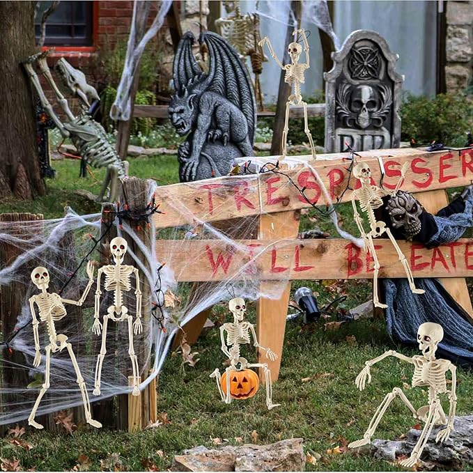 Remiawy Skeleton Halloween Decorations, 16” Full Body Posable Skeletons with Movable Joints, Small Plastic Hanging Props for Haunted House, Yard, Graveyard, Spooky Party Indoor Outdoor Decor, 2 Packs