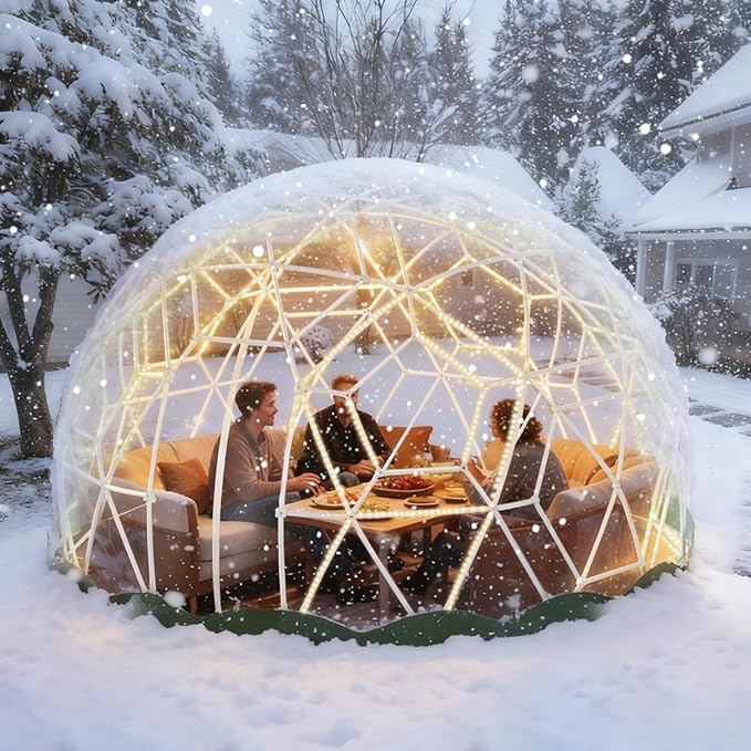 12FT Garden Dome Tent, Geodesic Dome Greenhouse with PVC Clear Cover, Waterproof Garden Bubble Dome Tent House with 2 x 10M Light Strings for Outdoor, Patio, Backyard, Party (Green Edge, 12.5FT/3.8M)