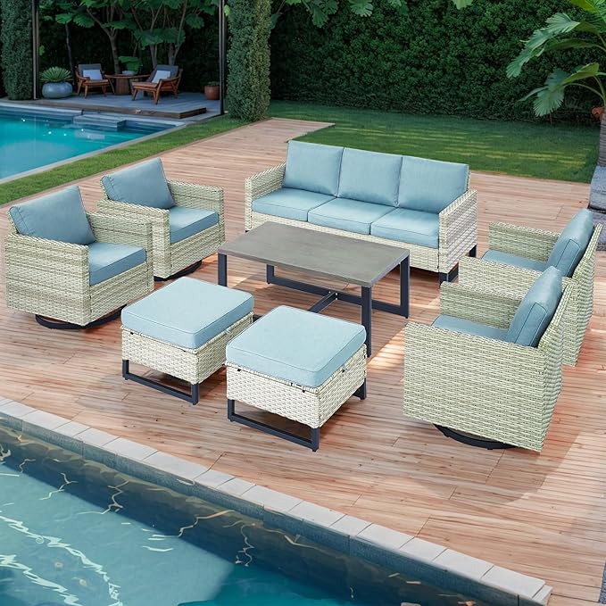 Wicker Outdoor Patio Furniture Set - 8 Piece Patio Conversation Set with 4 Swivel Rocker Chairs,2 Rattan Ottoman,1 Couch and 1 Metal Coffee Table for Outside Porch Deck Backyard(Light Grey/Sky Blue)