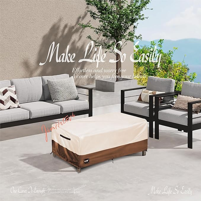 Outdoor Coffee Table Cover Waterproof, Patio Rectangular Side Table Covers, 42W x 26D x 16H Inches Outdoor Tables Cover,Beige&Brown
