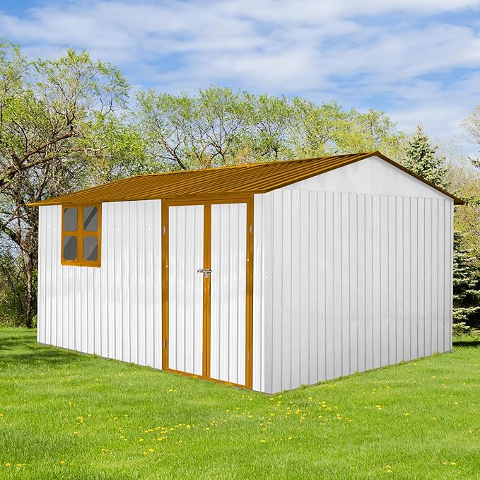 10x12 FT Outdoor Storage Shed,Metal Aluminum Waterproof Tool Sheds with Window,Heavy-Duty Sheds Unit w/Door and Vents,for Storing Bicycles,Lawnmowers,Barbeques,White+Yellow