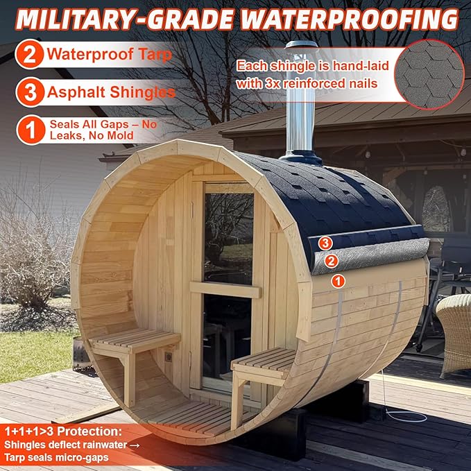 Outdoor Barrel Sauna with Porch, Wood Burning Stove Sauna 4 Person, Canadian Hemlock, Chimney Kit, Triple Waterproof System, Double Reinforcement(0-195℉)