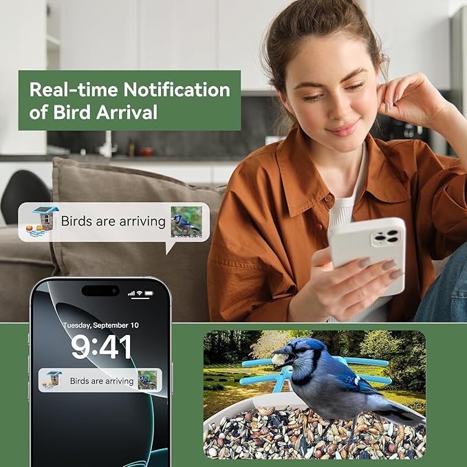 Smart Bird Feeder with Camera, Solar Bird Feeder - 2K HD Live Video Camera AI Identify Birds, Visible Window Auto Capture -Instant Arrival Alerts, Birds Lover Gifts (Blue)