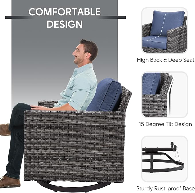 9 Piece Wicker Patio Furniture Set - Outdoor Swivel Rocker Chairs Set with Coffee Table, Rattan Chairs, 3 Seat Sofa & Ottomans, Patio Conversation Sets for Bcakyard Deck - Grey/Blue