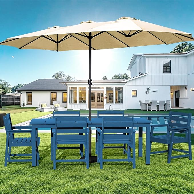 LOUNZY 7-Piece Outdoor Dining Set – 75.2" HDPE Table with 6 Chairs, Hole-Cut Design for Patio, Pool & Yard，Navy Blue