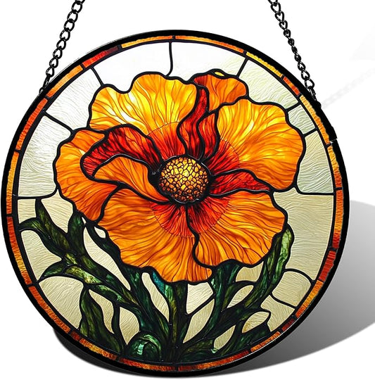 Stained Glass Window Hanging - Orange Poppy Birth Flower Suncatcher for Door Garden Yard Retro Sun Catchers Decor Christmas Mother's Day Birthday Gifts for Women Mom Nana Friend 9.8 in
