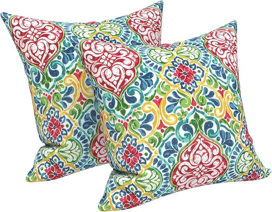 LVTXIII Outdoor Throw Pillows, Decorative Throw Pillows with Inserts, 16"x16" Square Pillows for Bed, Couch, Sofa and Patio Furniture, Set of 2, Damask Red