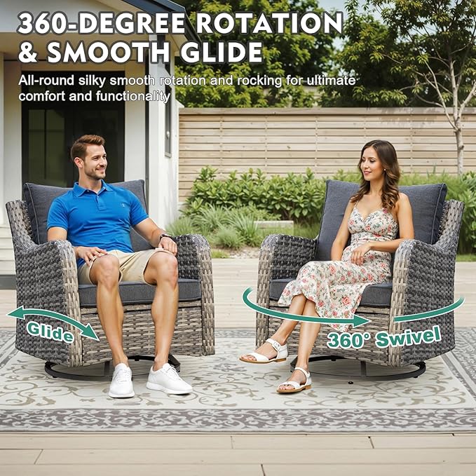 MEISSALIVVE Outdoor Patio Furniture Set with Swivel Chairs, 7 Pieces Wicker Rattan Sofa Couch with Loveseat, Patio Conversation Set with Rocker Patio Chair, 2 Ottomans and Coffee Table (Grey)