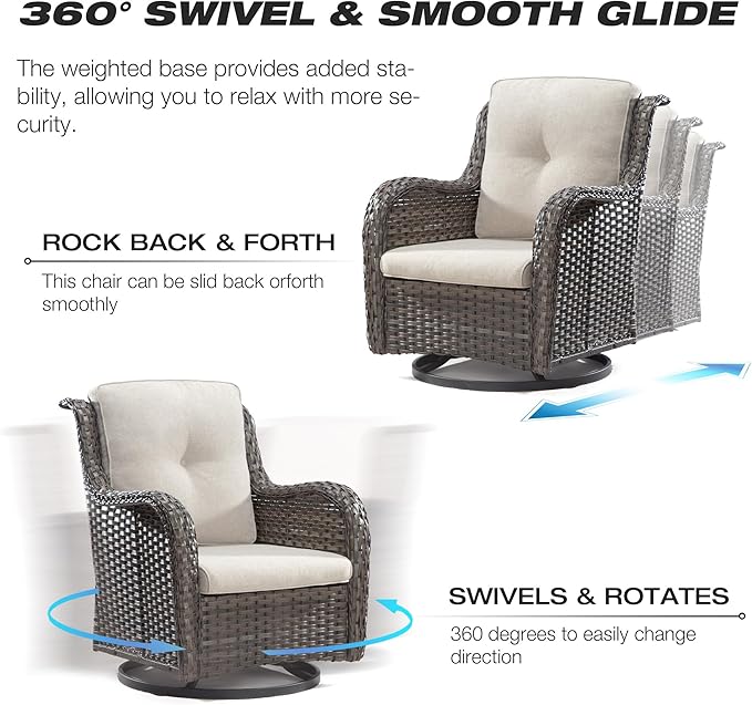 Joyside Wicker Patio Furniture Set 6 Piece Set with 1 Three-Seat Sofa, 2 Swivel Rocker Chairs, 2 Ottomans and 1 Side Table, Outdoor Furniture Patio Conversation Sets(Mixed Grey/Beige)