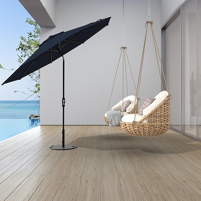 Midtown Umbrellas The Swilt 9 Feet Patio Umbrella in Sunbrella Canvas Navy Acrylic Fabric - Fiberglass Ribs, Auto-Tilt Aluminum Frame For Backyard, Deck, Garden, Pool - White Pole