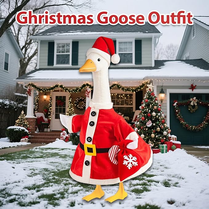 Christmas Santa Porch Goose Outfit for Large 23" High Cement or Plastic Goose Statue, Yard Goose Cloths with Snowflake Gift Bag and Christmas Hat Decor for Outdoor Lawn Gaden Patio