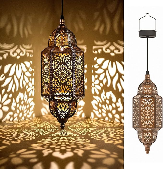 Twinkya Hanging Solar Lights Outdoor Garden Decorative Solar Lantern Waterproof Metal Moroccan Outdoor Decorations for Patio Pathway Yard Porch Backyard Garden Decor (Gold, 1 Pack)