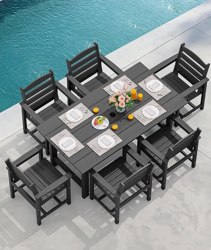 SERWALL Outdoor Dining Set for 6, HDPE Outdoor Furniture with Umbrella Hole & 1 Cushioned Bench & 4 Outdoor Dining Chairs, Black