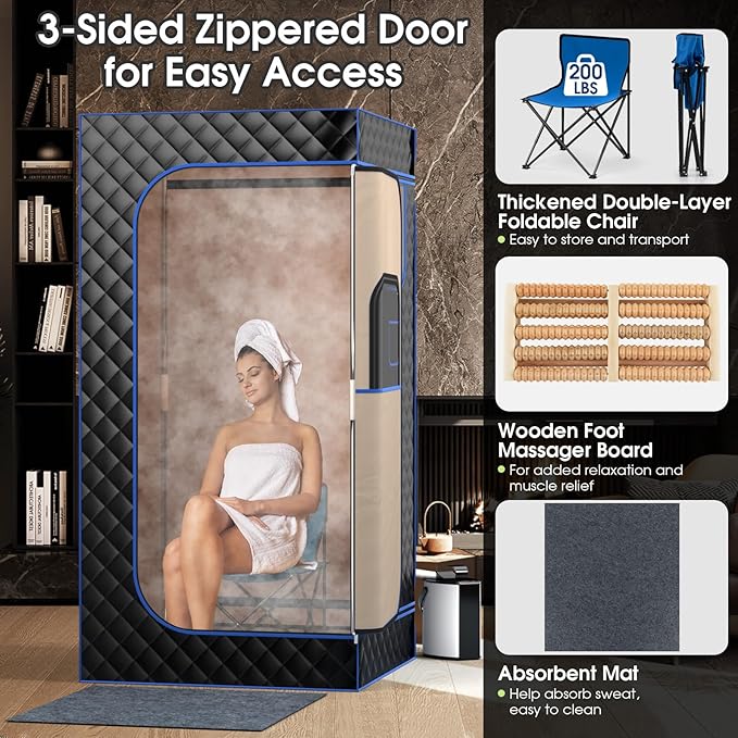 COSTWAY Portable Steam Sauna, Personal Home Sauna Tent w/ 3L Steam Generator, Foldable Chair, Remote Control, 9-Level Adjustable Temperature, Timer, Full-Size Indoor Steam Room for Home Spa (Black)