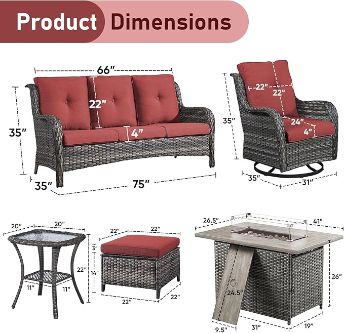 Wicker Outdoor Conversation Se with 50,000 BTU Gas Propane Fire Pit Tablet-7 Pieces Outdoor Wicker High Back Couch Patio Furniture for Deck Poolside Backyard