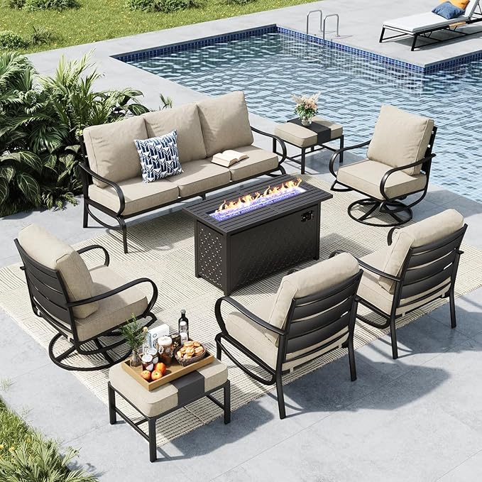 MFSTUDIO 8 Pieces Patio Furniture Sets with 45" Gas Fire Pit Table(Up to 9 Seat),Outdoor Metal Conversation Sofas with 1 x 3-Seat Sofa, 2 Single Chairs,2 Swivel Chairs and 2 Ottoman,Beige Cushion