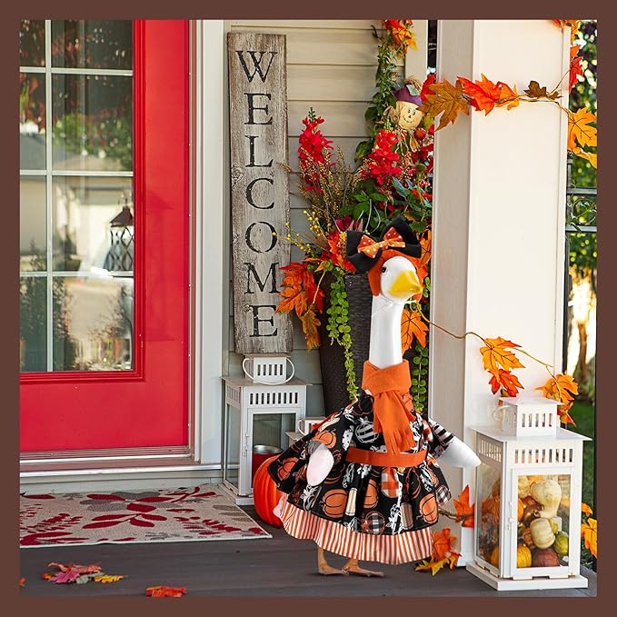 Thanksgiving Gingham Pumpkins Porch Goose Outfits for 23 Inch Lawn Statue, Fall Costume for Plastic/Cement Statue, Harvest Autumn Duck Sculpture Clothes for Yard Patio Party Decoration