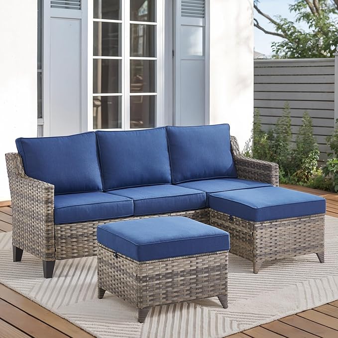 Patio Bistro Set, 3 Piece Outdoor Patio Furniture with 3-Seat Patio Wicker Sofa, Ottomans and Comfy Cushions, Rattan Wicker Conversation Set with High Back, Conversation Sets for Patio