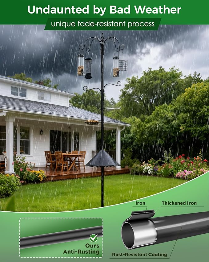 Bird Feeding Station, 94 Inch Wild Bird Feeders Pole with Wide Squirrel Baffle, 6-Hook, 4 Feeders, Water and Mesh Tray Humming Bird Feeders Stand for Outdoors Courtyards Gardens