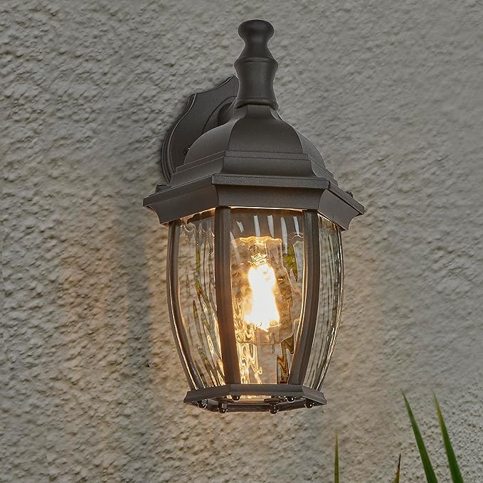 Maxxima Outdoor Wall Light with Clear Water Glass, Patio or Porch Sconce Fixture, Ideal for Exterior Decor Lighting, Black, E26 Socket, Bulb Not Included